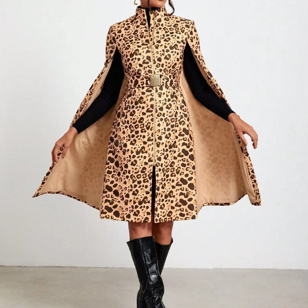 Multicolor Preppy Womens Leopard Print Cloak Sleeve Open Front Cape Coat - Picture 3 of 5